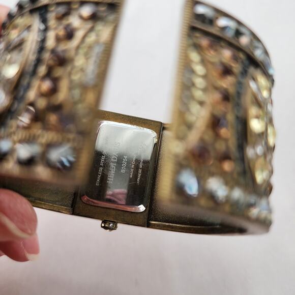 Heidi Daus Hinged Cuff Bracelet Watch Tan Swarovski Crystals Bangle Bronze New - Picture 6 of 11
